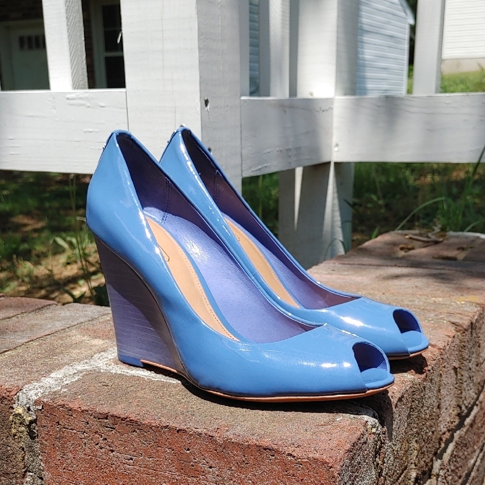 Coach Monochromatic Patent Leather Blue Peep Toe Lavelle Wedge Size 7.5 (1737)